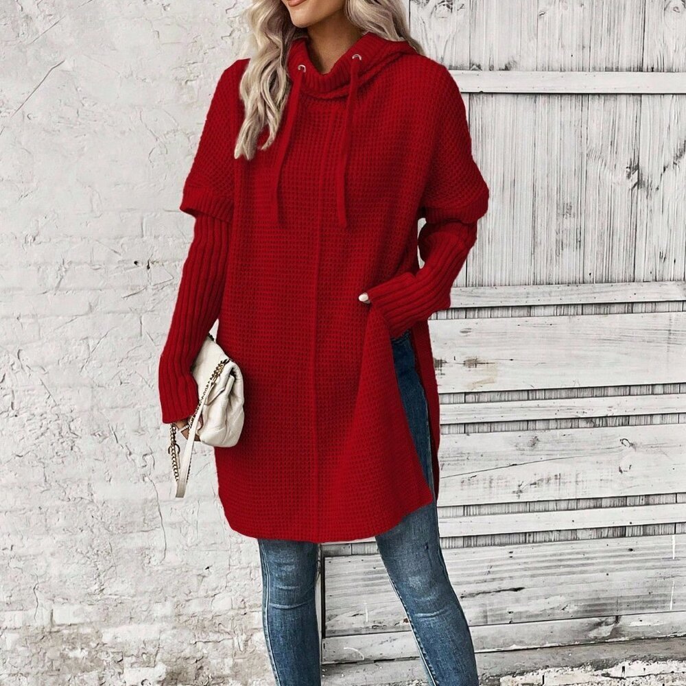 Red Casual Women's Drawstring Hooded Side Slit Hem Loose Knit Sweater
